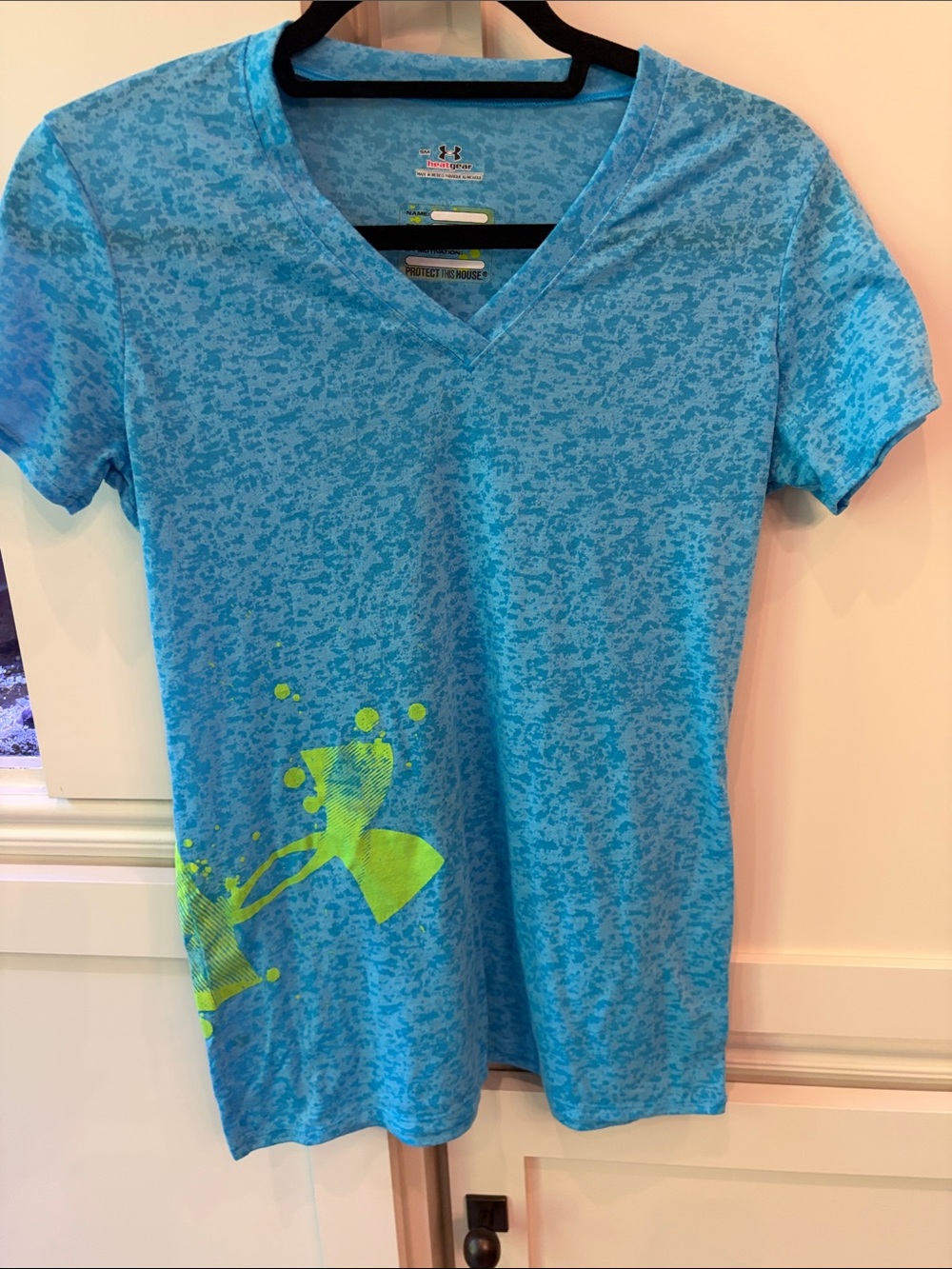 Under Armour Blue Heather V-Neck Tee with Neon Yellow-Green Graphic